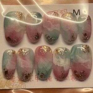 "Cotton Cloud" Press-On Nail Set – Pastel Marble, Gold‎ Foil & Glitter Glow